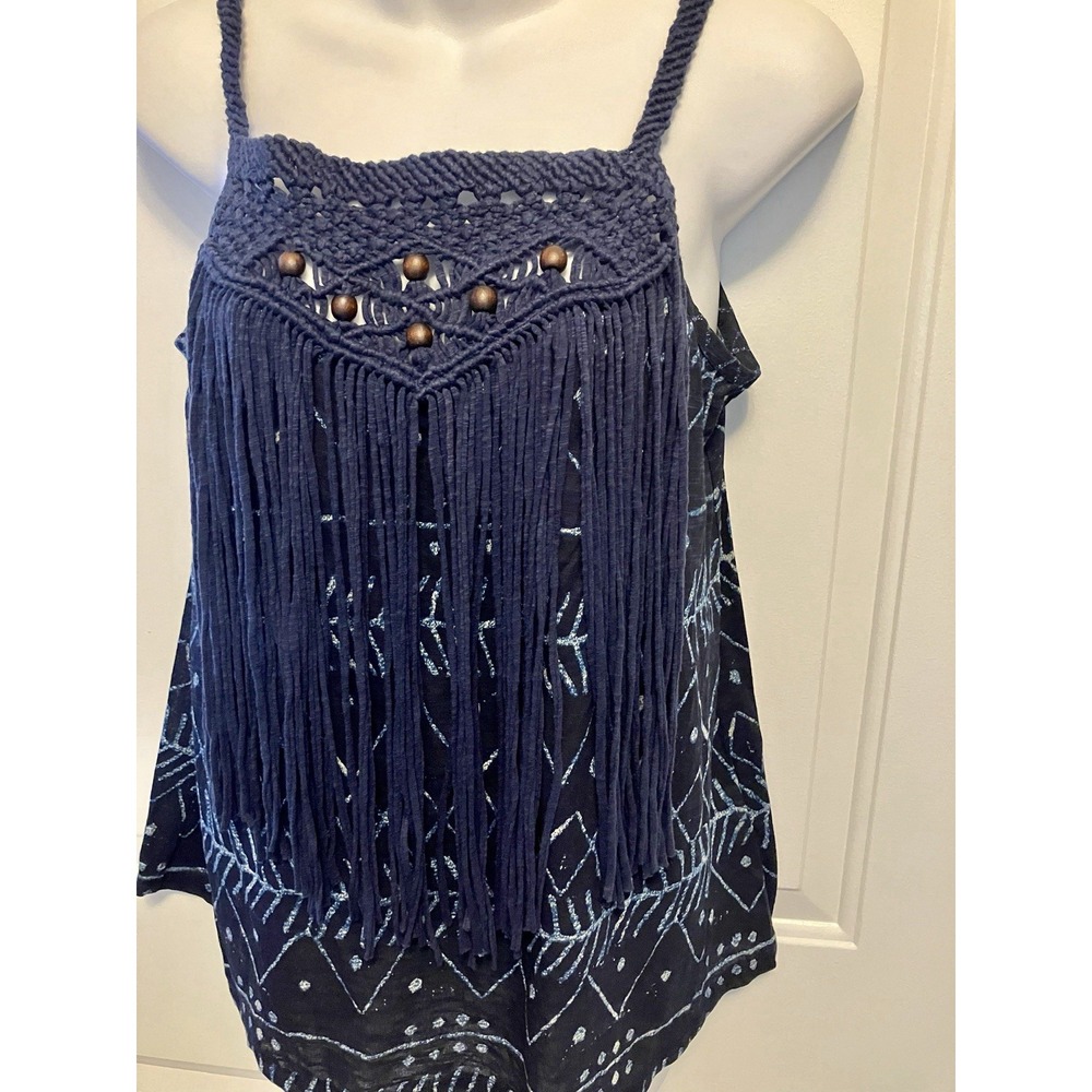 Denim & Supply Ralph Lauren Sz Medium Blue Tribal Print Fringe Boho Top‎ Women’s